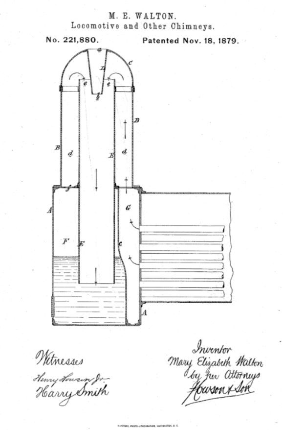 El invento de Walton (patente n.º 221.880) desviaba las emisiones producidas por las chimeneas hacia tanques de agua, donde se almacenaban hasta ser vertidas al sistema de alcantarillado de la ciudad. (US Patent: 221.880)