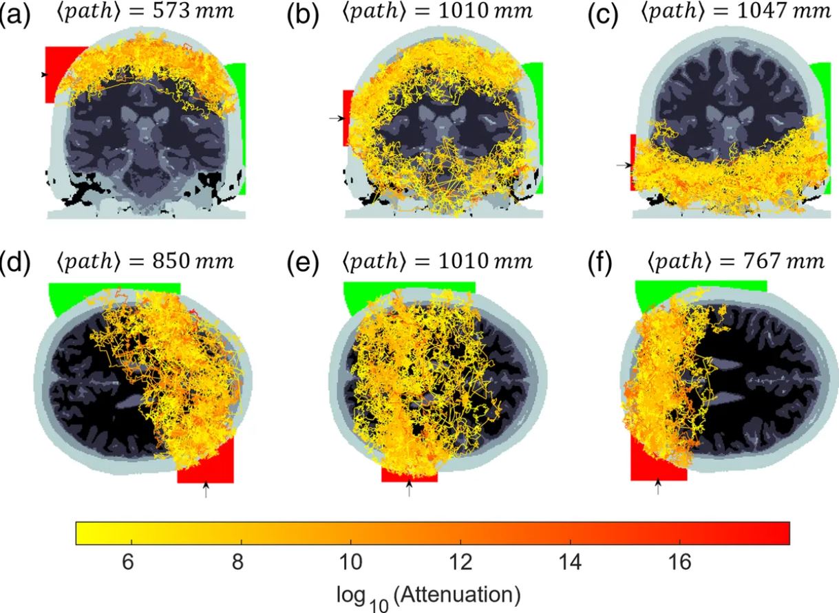 Simulaciones de diferentes trayectorias posibles que podrían seguir los fotones al variar la ubicación de la fuente (mostrada en rojo con una flecha) y el detector. Los paneles B y E son los que más se aproximan a las ubicaciones en los experimentos reales.