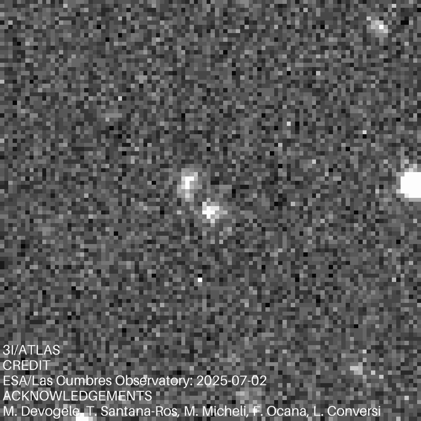 Una animación gif que muestra a 3I/ATLAS viajando a través de un fondo de estrellas Una animación gif que muestra a 3I/ATLAS viajando a través de un fondo de estrellas