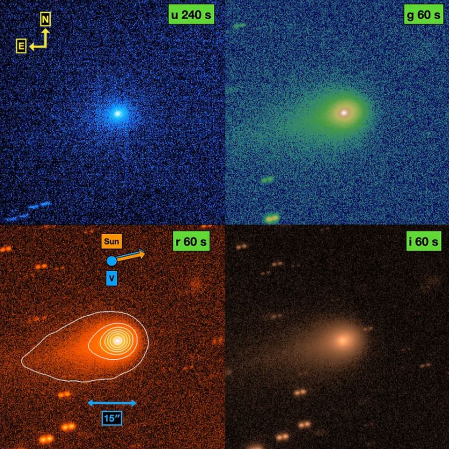 Imágenes profundas de 3I/ATLAS, tomadas por el telescopio Gemini Sur el 27 de agosto de 2025. Los diferentes paneles muestran imágenes de longitudes de onda cortas a largas en las bandas espectrales u (arriba a la izquierda), g (arriba a la derecha), r (abajo a la izquierda) e i (abajo a la derecha), centradas en longitudes de onda de 0.365, 0.467, 0.616 y 0.747 micrómetros, respectivamente. Las imágenes muestran la primera evidencia de una cola en forma de lágrima en dirección opuesta al Sol detrás de 3I/ATLAS