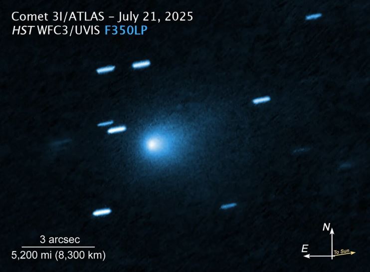 Imagen del objeto interestelar 3I/ATLAS capturada por la cámara de campo amplio del telescopio espacial Hubble el 21 de julio de 2025, con barra de escala.