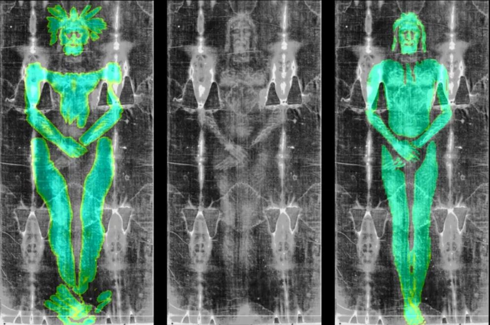 Superposición de las texturas creadas por modelos 3D de un cuerpo humano (izquierda) y un modelo en bajorrelieve (derecha) sobre la Sábana Santa de Turín (centro)