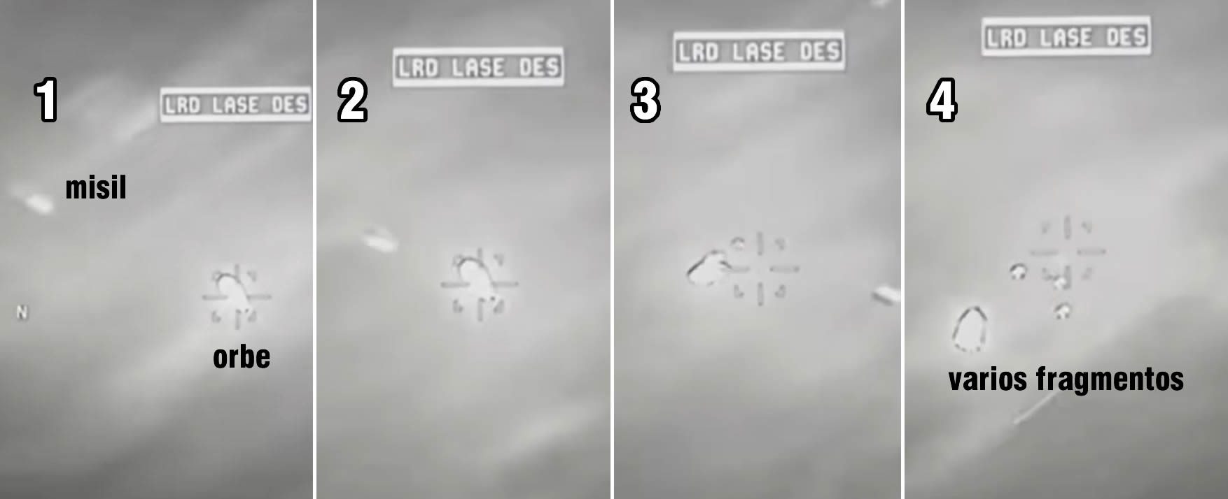 En imagen 1: misil se acerca a Orbe. EN imagen 2: misil más cerca del orbe. En imagen 3: misil ya atravesó al orbe sin causar daños. En imagen 4: orbe se separa en varios fragmentos luego de que el misil intenta impactarlo.