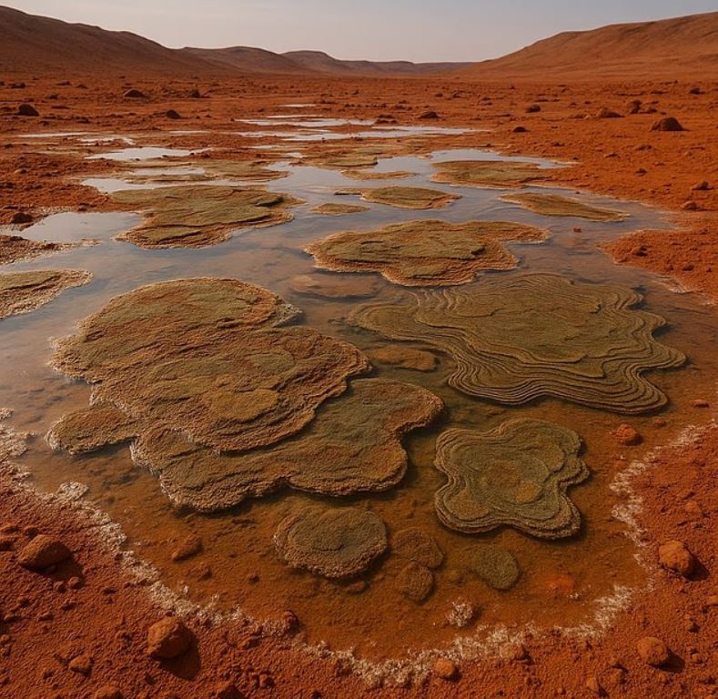 Los científicos afirman que el mejor paralelo con lo que podría haber sido la vida son las capas microbianas que se forman en los lagos extremadamente salados de la Tierra. En la imagen: impresión generada por IA