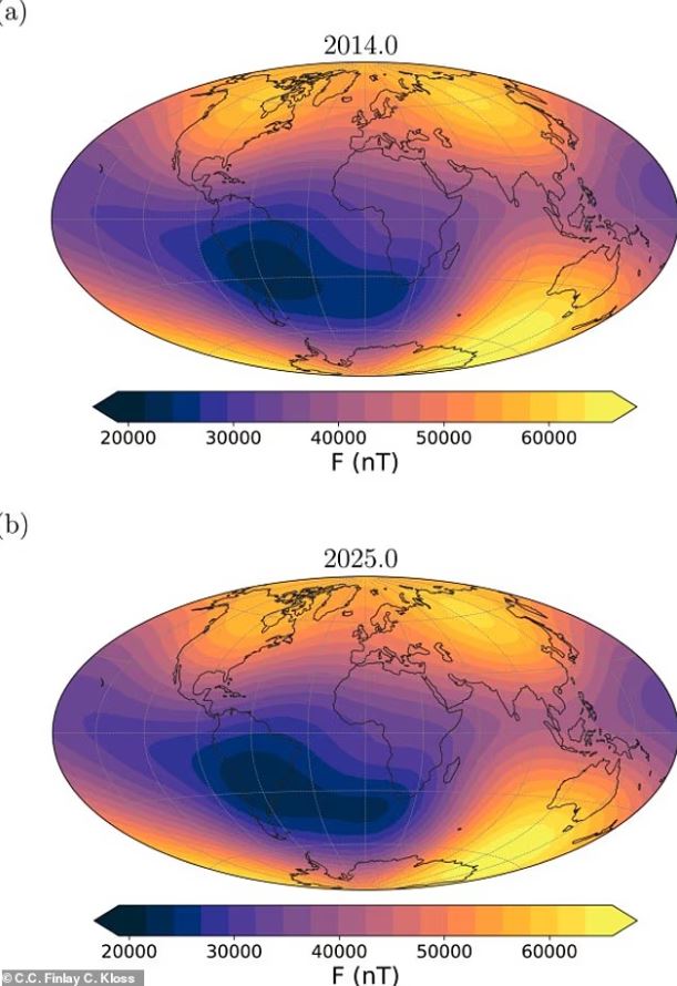 La Anomalía del Atlántico Sur ha aumentado hasta un 25 por ciento, ya que se desplaza unos 22 kilómetros hacia el oeste cada año desde 2014.