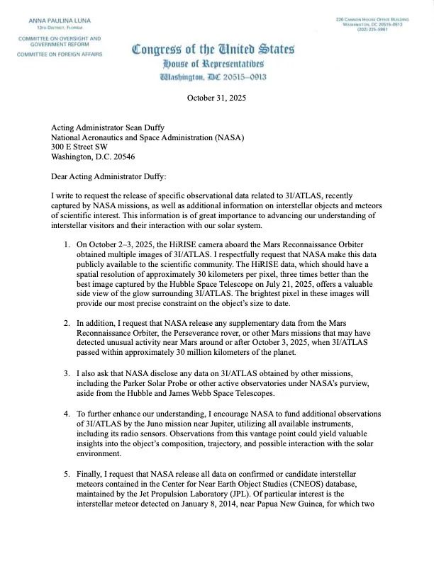 Carta de la congresista Anna Paulina Luna dirigida a la NASA