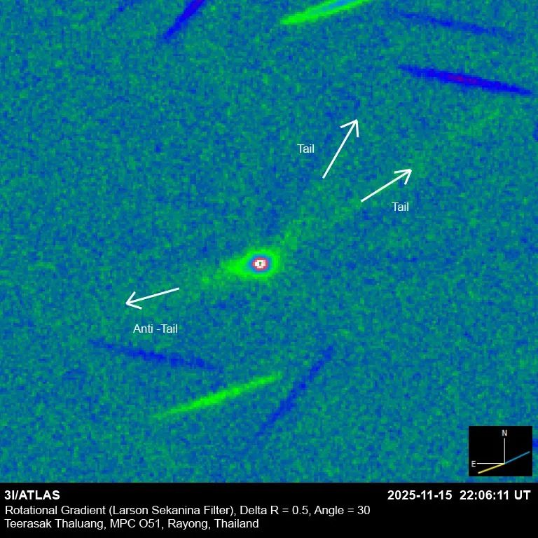 Una imagen del satélite 3I/ATLAS, tomada a las 22:06 UTC del 15 de noviembre de 2025, muestra una prominente anticola junto con dos colas. La dirección hacia el Sol apunta a la esquina inferior izquierda.