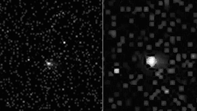 Imagen de 3I/ATLAS capturada por el orbitador marciano Tianwen-1 de la Administración Nacional del Espacio de China (CNSA) a una distancia aproximada de 28,96 millones de kilómetros. A la derecha se muestra una versión ampliada y mejorada del objeto interestelar