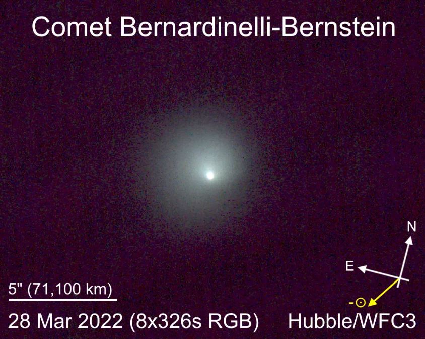 Imagen compuesta del cometa Bernardinelli-Bernstein (C/2014 UN271) tomada por el Telescopio Espacial Hubble el 28 de marzo de 2022. El vector antisolar proyectado, opuesto a la dirección del Sol (en amarillo), apunta hacia la parte inferior izquierda.