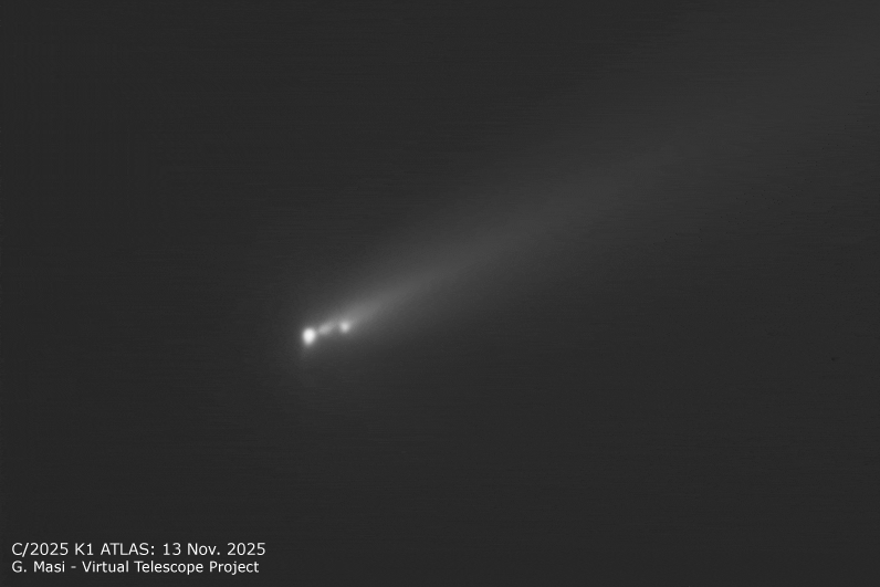 Cometa C/2025 K1 ATLAS: imágenes del 12 y 13 de noviembre de 2025, que muestran la evolución en 24 horas.