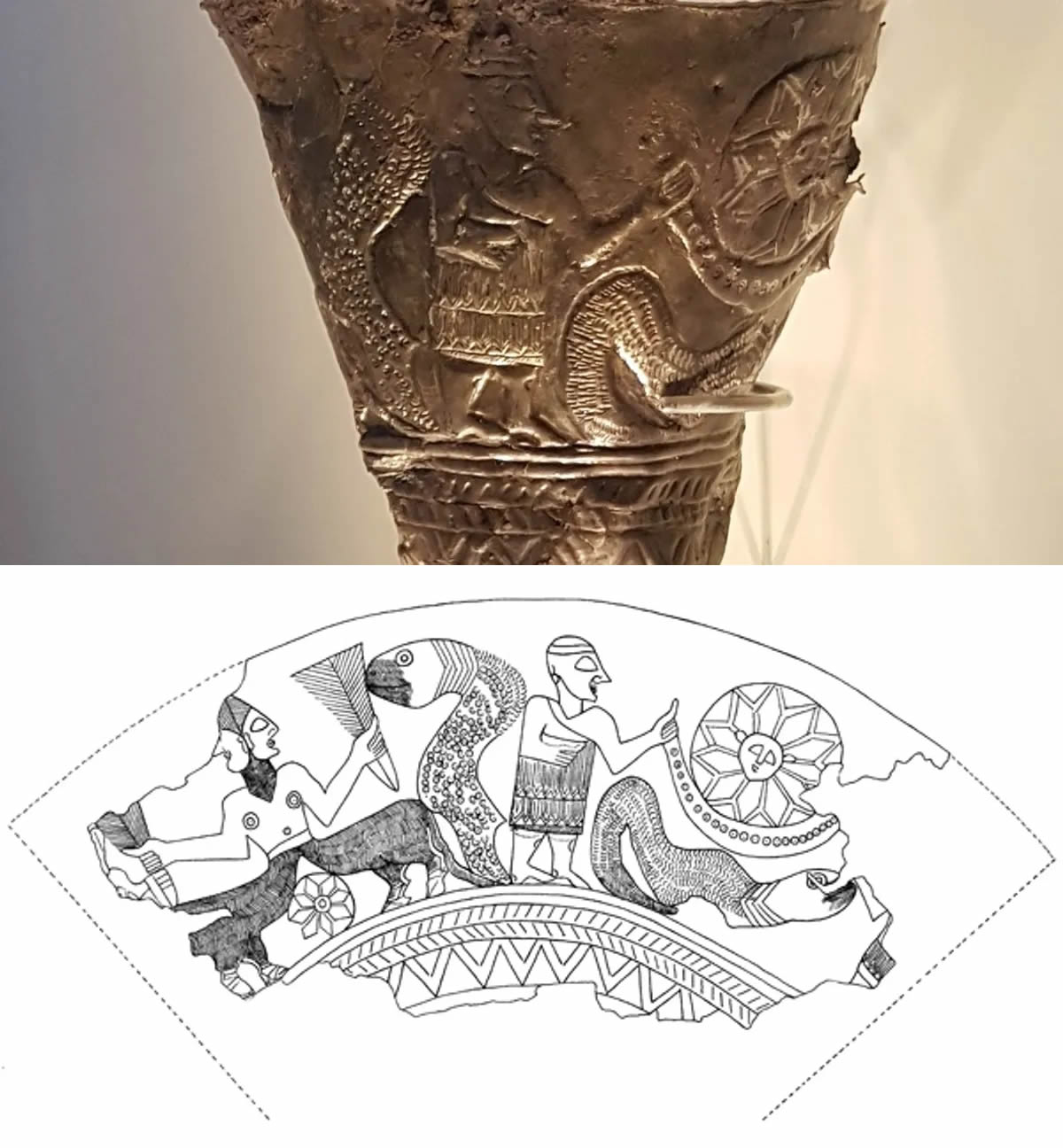 La copa de Ain Samiya puede presentar motivos que también se encuentran en Göbekli Tepe. Imagen inferior: La creación del universo, según lo cuenta la copa Ain Samiya.