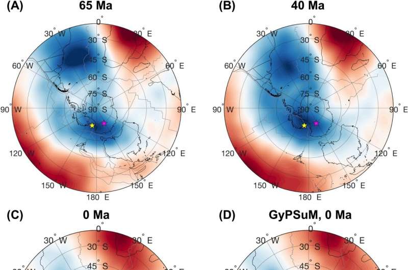 Los investigadores utilizaron un modelo computacional para descubrir que el agujero gravitacional era más débil hace unos 70 millones de años (izquierda), pero se estaba volviendo más fuerte hace 40 millones de años (derecha).