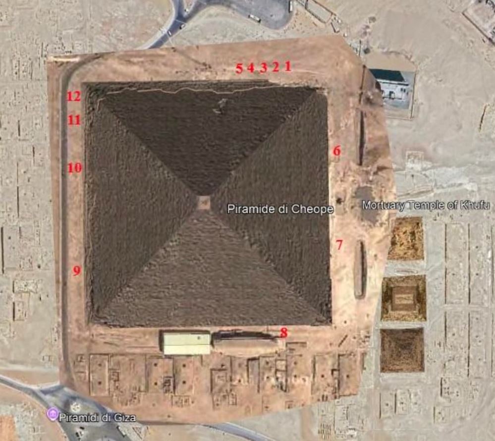 La Gran Pirámide con los puntos analizados por Donini.